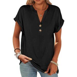 Womens V Neck Short Sleeve Henley Top Casual Loose Fit Summer Blouse Shirt